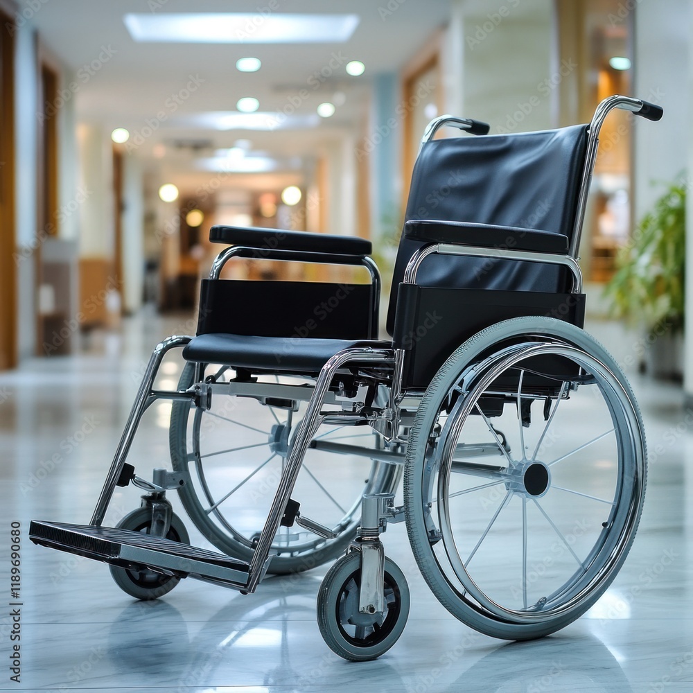 Wheelchair in a Hospital Corridor: A Symbol of Healthcare and Mobility Wheelchair in a Hospital Corridor: A Symbol of Healthcare and Mobility