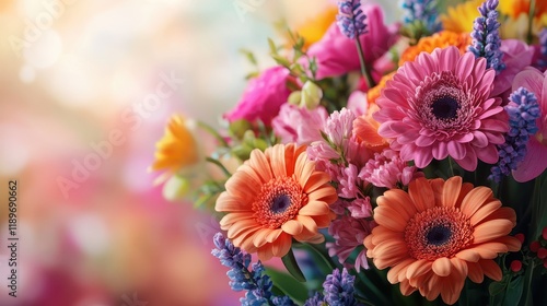 Vibrant bouquet of colorful flowers with orange gerberas and pink roses