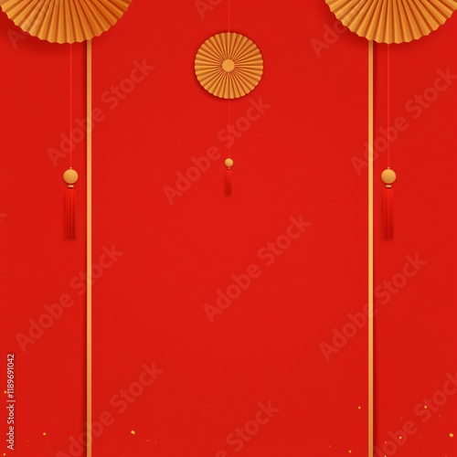 Frame with golden fans on red background. Traditional asian design for Chinese New Year, Mid-Autumn Festival, National Day, Qixi. Template with copy space for greeting card, banner, poster, invitation photo