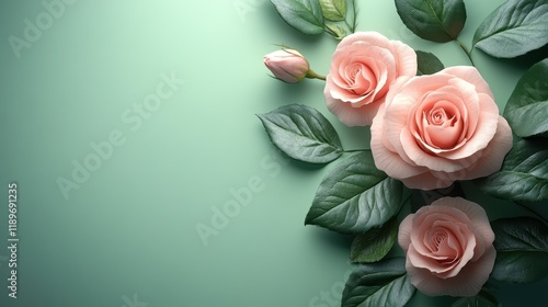 Pink roses with green leaves on a soft green background