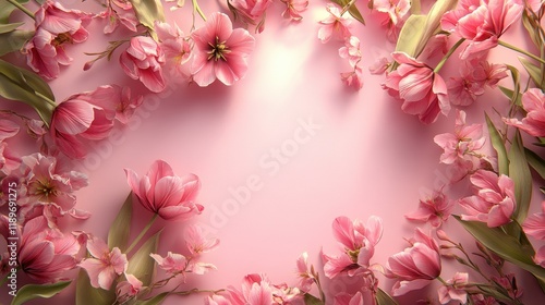 Pink floral frame with soft light and delicate petals on pink background