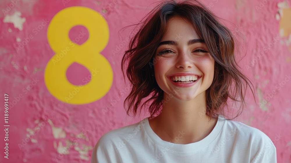 Fototapeta premium Smiling young female with short hair against pink wall with yellow number eight