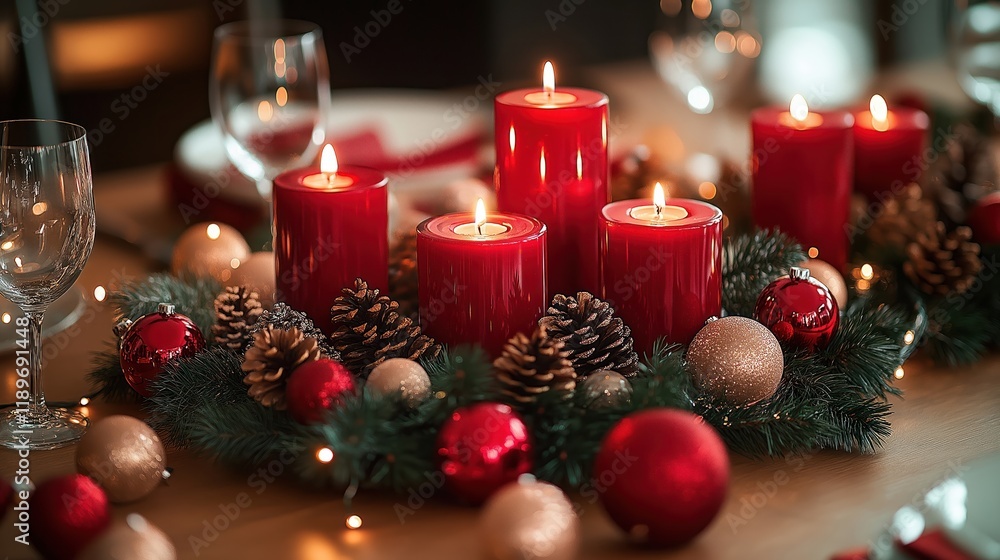 Festive dining table centerpiece with red candles pinecones, twinkling fairy lights. Christmas decorations create warm atmosphere. Circular arrangement of ornaments, plants on wooden table. Elegant, Festive dining table centerpiece with red candles pinecones, twinkling fairy lights. Christmas decorations create warm atmosphere. Circular arrangement of ornaments, plants on wooden table. Elegant,