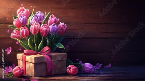 Beautiful tulips and gift box with pink ribbon on wooden table
