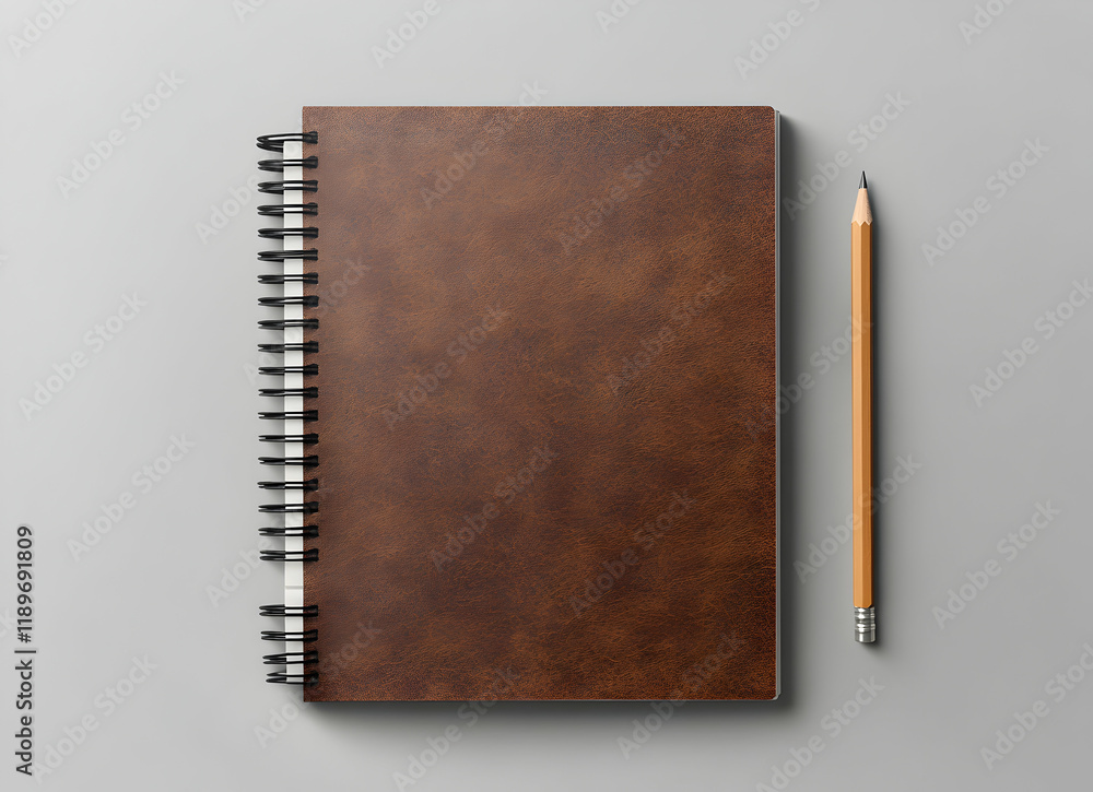 Brown Leather Notebook and Pencil Mockup Brown Leather Notebook and Pencil Mockup