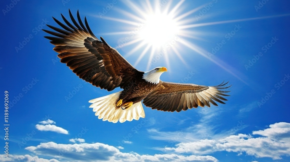Obraz premium Majestic bald eagle soaring high in a vibrant blue sky, sun shining brightly.