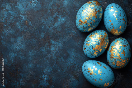 Speckled Blue and Gold Easter Eggs on Dark Background
 photo