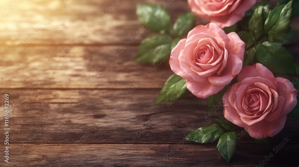 Pink roses with green leaves on rustic wooden table in sunlight Pink roses with green leaves on rustic wooden table in sunlight