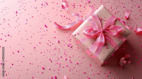 Elegant pink gift box with ribbon amidst confetti on a soft pink surface
