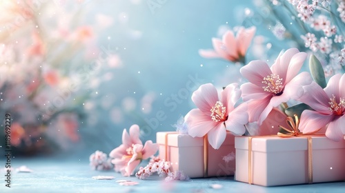 Pink flowers and gift boxes on soft blue pastel background with blooming branches