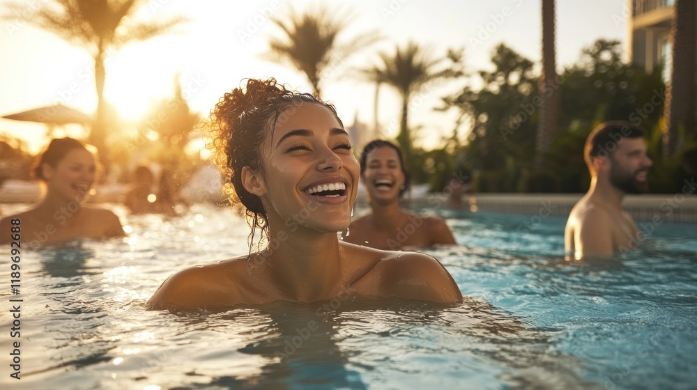 Fototapeta premium Joyful friends laughing in a refreshing pool during a golden sunset