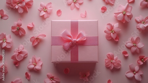 Pink gift box with bow surrounded by blossoms on soft pink background