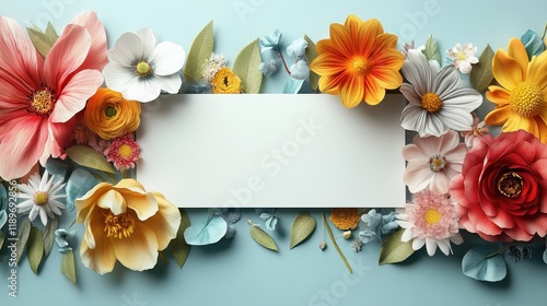 Vibrant floral border with blank white card on soft blue background