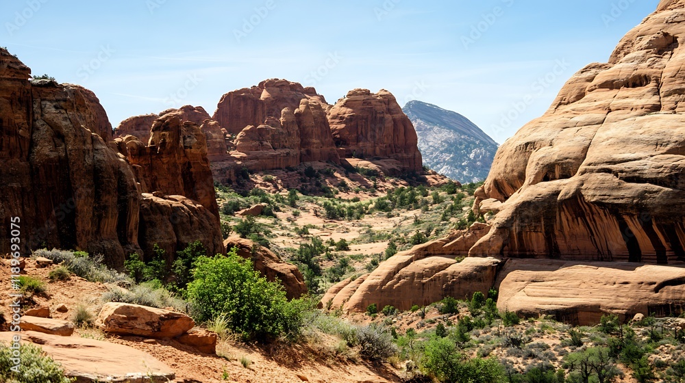 Breathtaking view of desert landscape with red rock formations under a clear blue sky : Generative AI Breathtaking view of desert landscape with red rock formations under a clear blue sky : Generative AI