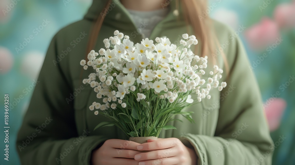 Young woman holding white flower bouquet in green coat on a spring day Young woman holding white flower bouquet in green coat on a spring day
