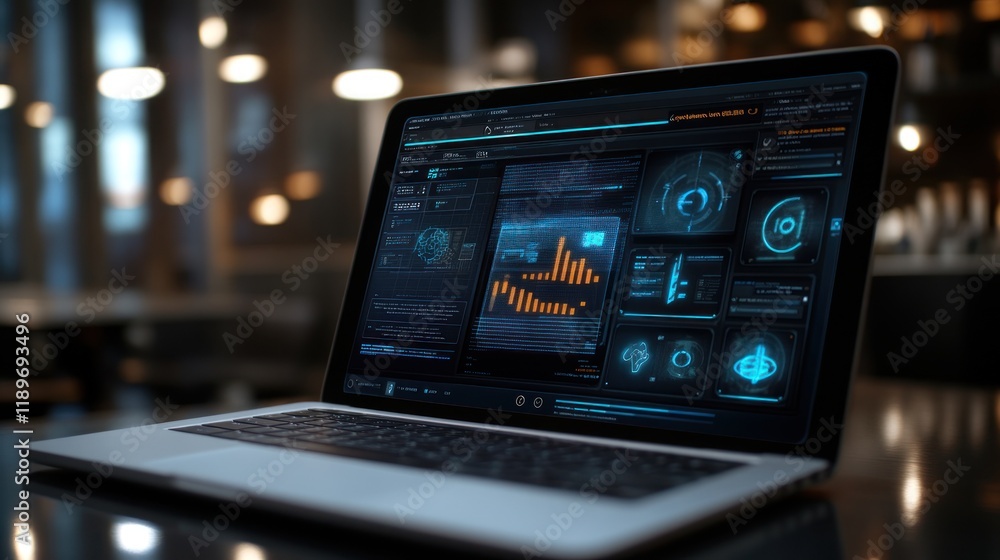 Futuristic Data Analysis on Laptop Screen in Cafe