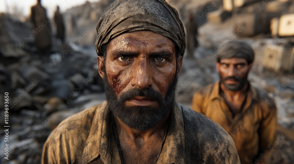Resilient male adults in rugged environment with determined expressions Resilient male adults in rugged environment with determined expressions