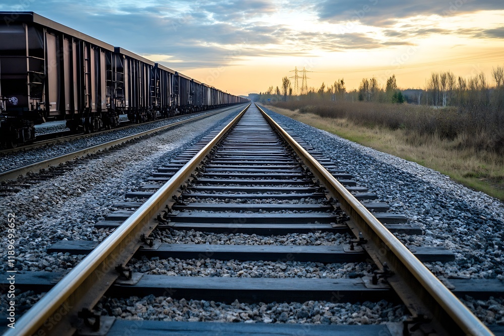 Obraz premium Endless Railway Track with Cargo Trains Awaiting Departure at Sunset : Generative AI