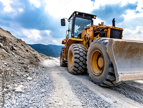 Heavy Duty Yellow Excavator on Quarry Hill with Blue Sky Background : Generative AI photo