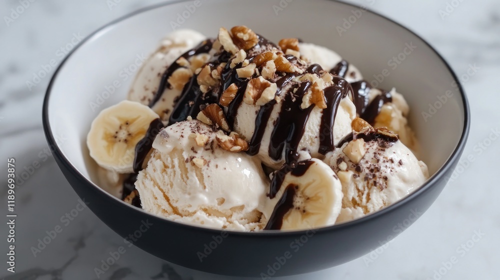 Delicious Creamy Ice Cream Sundae with Bananas, Walnuts, and Chocolate Sauce Delicious Creamy Ice Cream Sundae with Bananas, Walnuts, and Chocolate Sauce