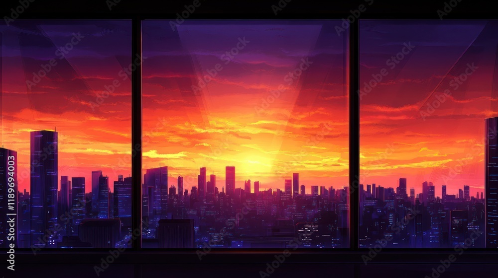 Fototapeta premium Sunset Cityscape View from Panoramic Window