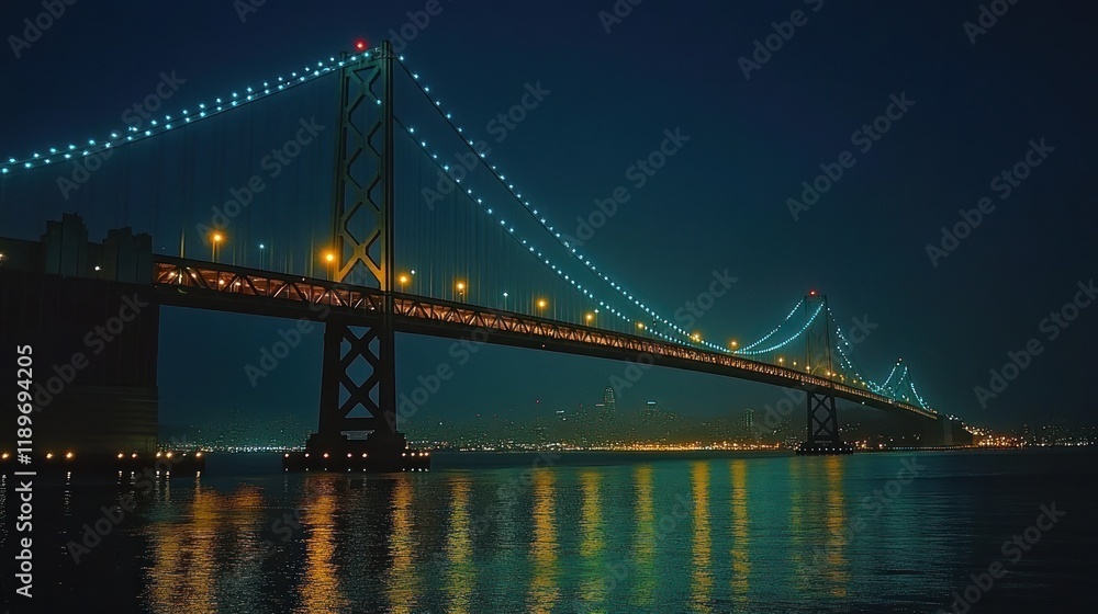 Night view of a suspension bridge illuminated with lights reflected in calm water. Night view of a suspension bridge illuminated with lights reflected in calm water.