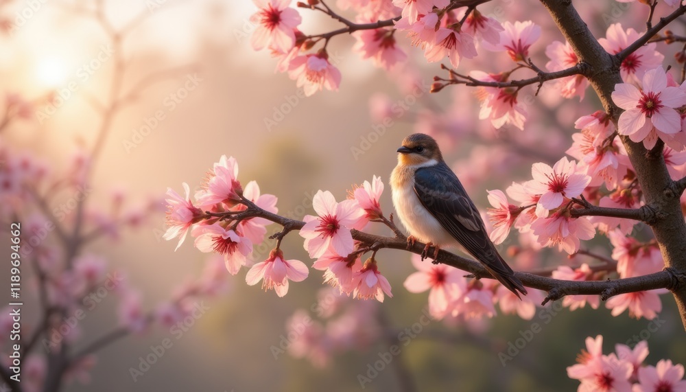 Photorealistic graceful swallow perched on a branch with delicate pink cherry blossoms, soft morning light creating a dreamy atmosphere and serene mood Photorealistic graceful swallow perched on a branch with delicate pink cherry blossoms, soft morning light creating a dreamy atmosphere and serene mood