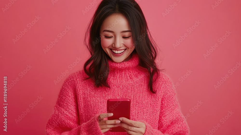 A woman joyfully interacts with her smartphone, engaging in online shopping A woman joyfully interacts with her smartphone, engaging in online shopping