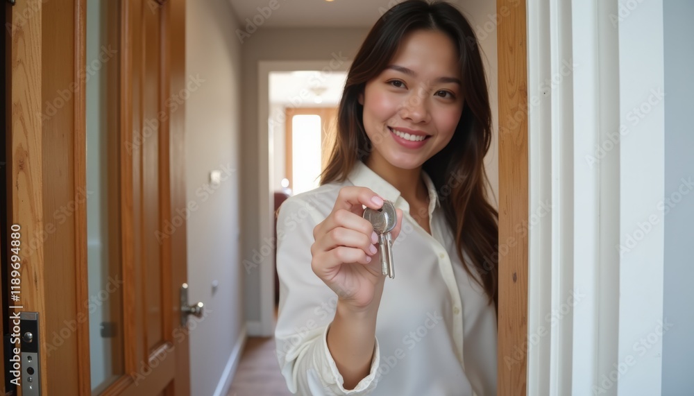 Person smiling and holding apartment keys in front of open door, soft neutral-colored interior visible Person smiling and holding apartment keys in front of open door, soft neutral-colored interior visible