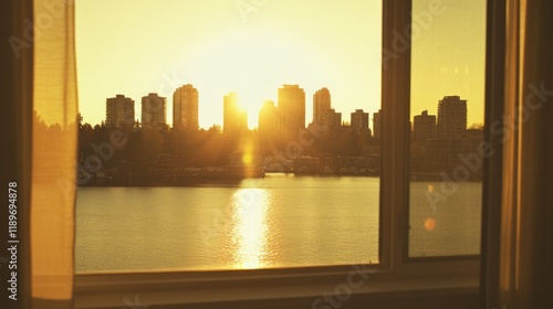 Golden Hour Cityscape Seen Through a Window