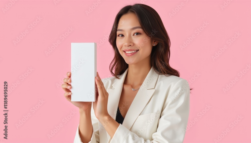 Woman holding a product packaging mockup with a light pink background Woman holding a product packaging mockup with a light pink background