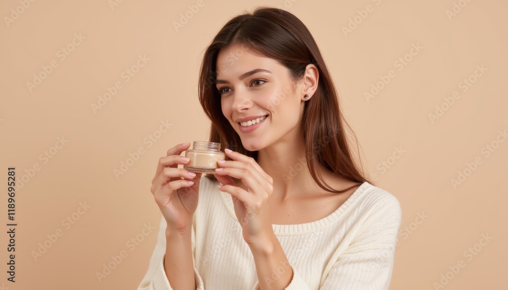 European female model holding a cosmetic jar mockup, smiling, confident and friendly, light beige nude background with copy space European female model holding a cosmetic jar mockup, smiling, confident and friendly, light beige nude background with copy space