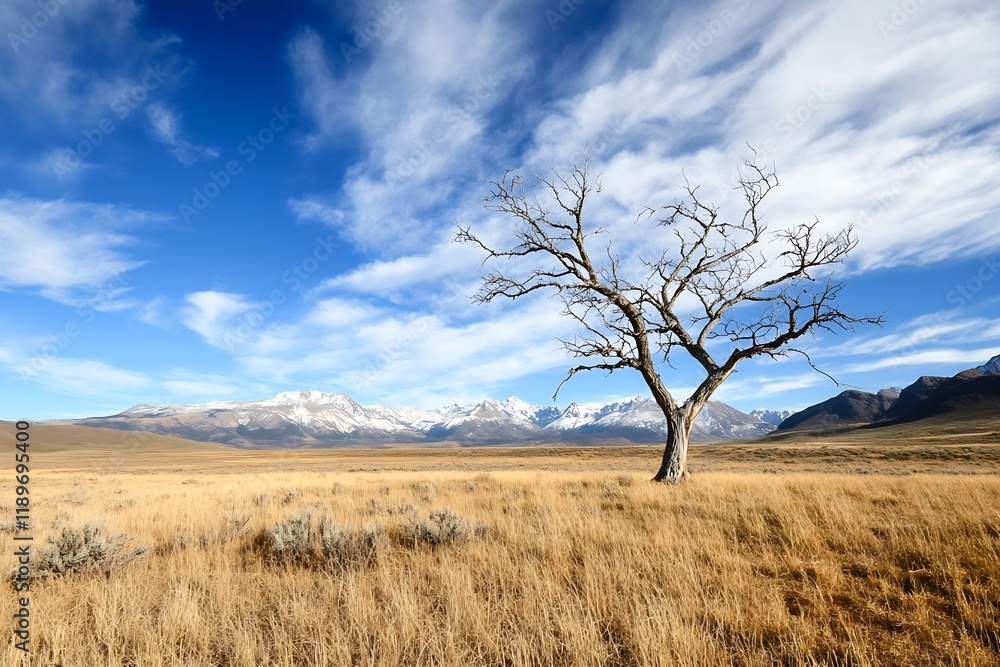 Lone Tree in Vast Grassland Under Blue Sky with Snow Capped Mountains : Generative AI Lone Tree in Vast Grassland Under Blue Sky with Snow Capped Mountains : Generative AI