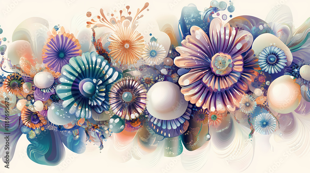 Seamless pattern of colorful flowers in a retro style on a light background. Seapearl. Illustration Seamless pattern of colorful flowers in a retro style on a light background. Seapearl. Illustration