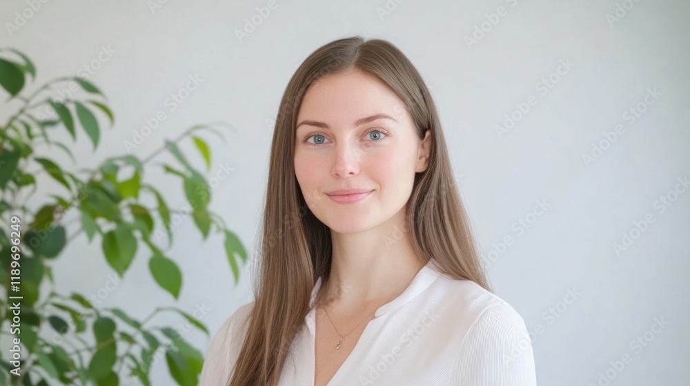 Confident woman portrait, office plant background, headshot, website profile Confident woman portrait, office plant background, headshot, website profile