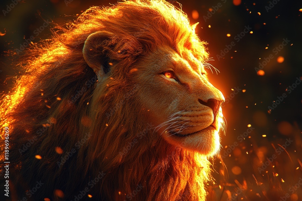 Naklejka premium A majestic lion illuminated by warm light, exuding strength and grace.