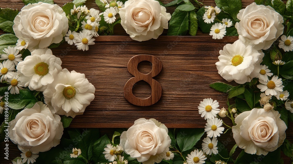 Elegant floral number eight arrangement on wooden background with roses and daisies Elegant floral number eight arrangement on wooden background with roses and daisies