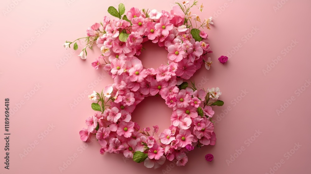 Obraz premium Floral number eight with pink flowers on a soft pink background