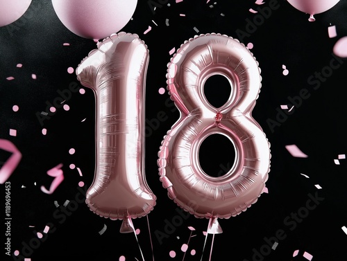 Pink balloons shaped as number 18 float against black background. Confetti showers down. Festive atmosphere for birthday anniversary celebration. Illustration for invitation party decor. Suitable for photo