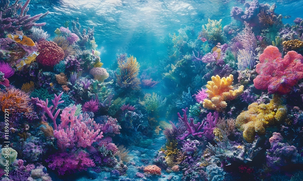 Vibrant underwater coral reef scene with diverse marine life and sunlight. Vibrant underwater coral reef scene with diverse marine life and sunlight.