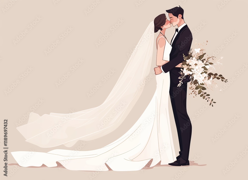 Elegant young couple in wedding attire, the man in a black tuxedo and the woman in a white wedding dress, standing together on a pastel background.