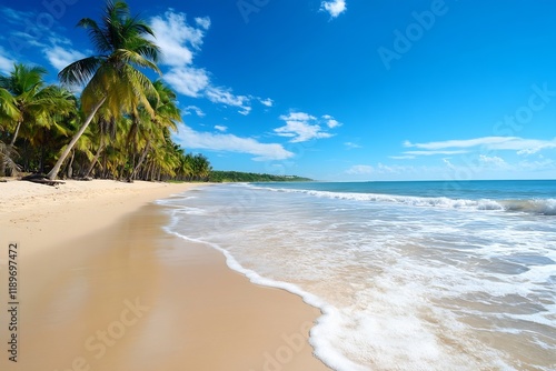 Wallpaper Mural Tropical Beach with Palm Trees and Pristine Ocean Waves Under Clear Blue Sky : Generative AI Torontodigital.ca