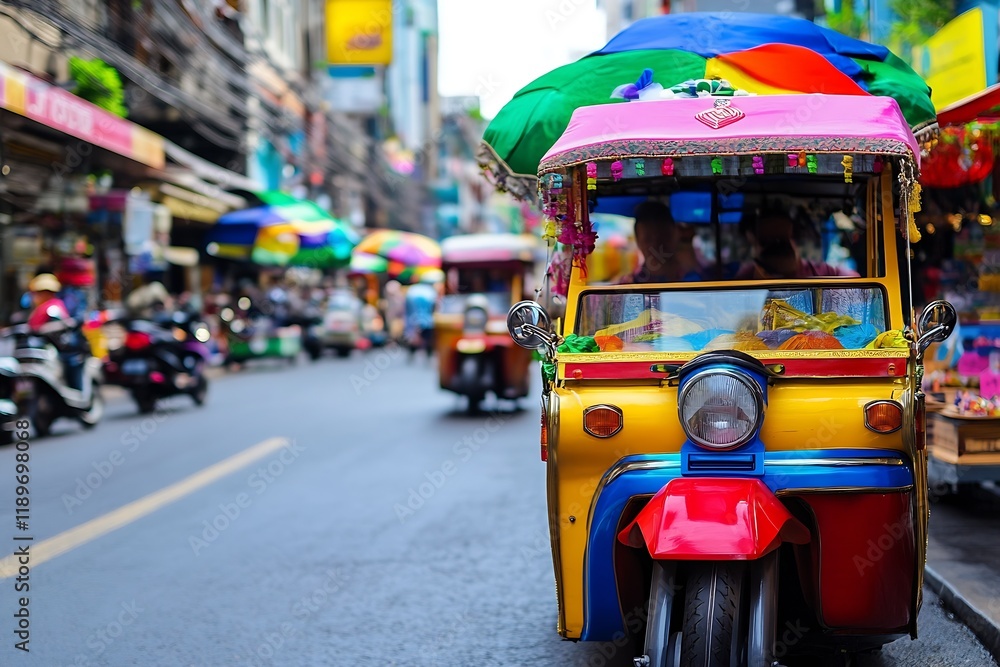 Obraz premium Colorful Traditional Tuk Tuk Driving through Bustling Streets of Vibrant City Market : Generative AI