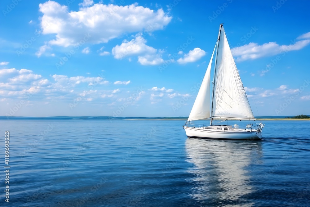 Obraz premium Serene Sailboat Gliding on Calm Sea Under Clear Blue Sky : Generative AI
