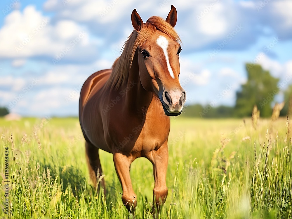 Fototapeta premium Majestic Horse Grazing in a Sunny Rural Field under Blue Sky : Generative AI