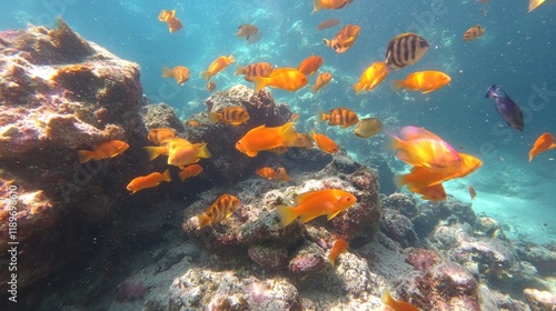 Underwater scene with vibrant orange fish schooling near a coral reef.