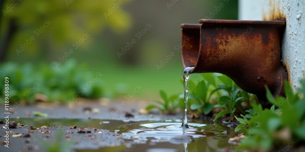 Rusty downspout water droplets falling into a puddle on the ground beside lush green vegetation Rusty downspout water droplets falling into a puddle on the ground beside lush green vegetation