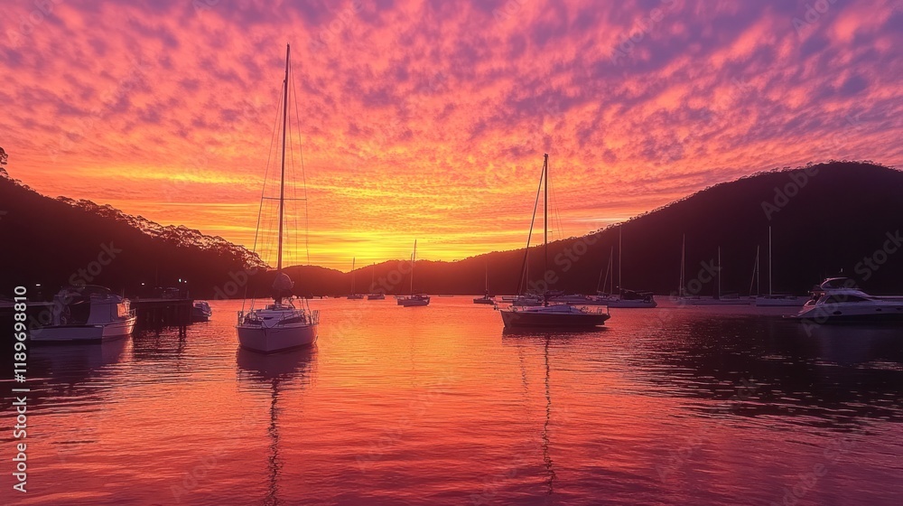 Vivid sunset over calm bay with sailboats. Vivid sunset over calm bay with sailboats.