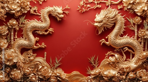 Wallpaper Mural Auspicious chinese new year celebration with golden dragons vibrant red background festive art scene Torontodigital.ca