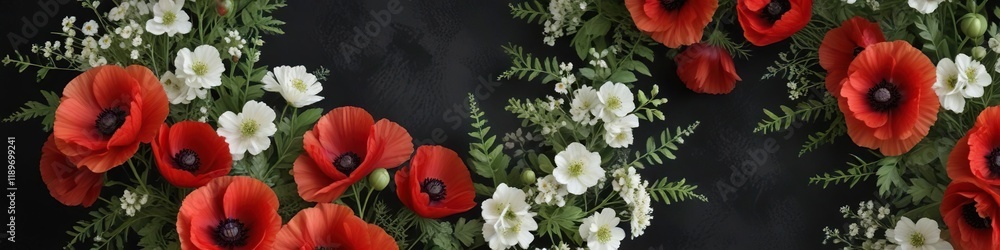 Obraz premium elegant bouquet of red poppies and white Spiraea on a dark, velvety black background with subtle texture, sophisticated, luxurious, high end